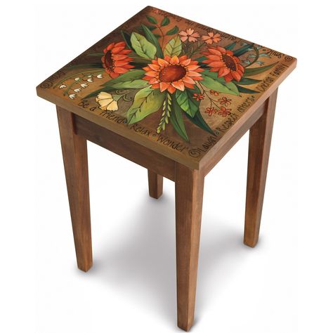 Smell the Flowers End Table by Sticks . This end table is handmade in Des Moines, Iowa. All pieces are finely crafted from birch. The pieces are further designed with hand drawn imagery, etched contouring, and vibrantly hand-blended paint. Painted Table Tops, Hand Painted Chairs, Painted Stools, Whimsical Painted Furniture, Painted Chair, Decoupage Furniture, Wood Side Table, Table Talk, Table Designs