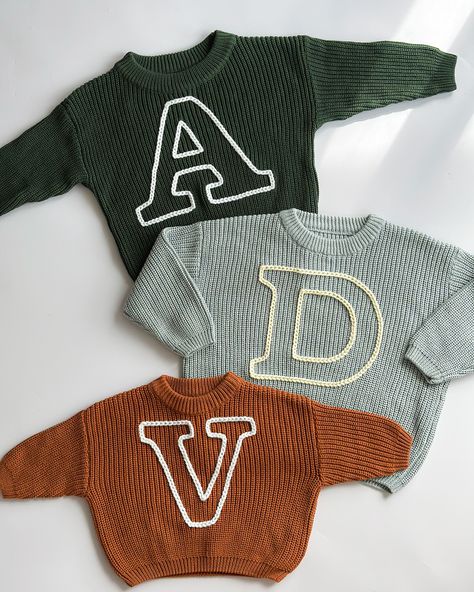 There’s always a trio. 👌What’s your favourite trio? ☺️ Embroidery Jumper, Hand Embroidered Sweater, Initial Embroidery, Personalised Jumpers, Personalized Sweater, Pull Bebe, Kids Jumpers, Toddler Sweater, Oversize Knit