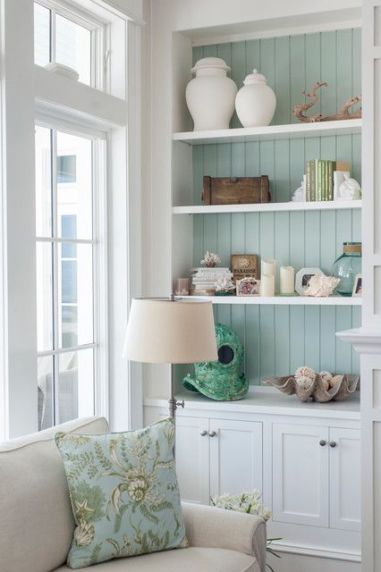 Ponte Vedra Beach, Florida - Beach Style - Family Room - Jacksonville - by Bennett's Custom Cabinets,Inc | Houzz Beach Themed Bookshelves, Beach House Bookshelf, Coastal Fireplace Ideas Beach, Beach Cottage Fireplace, Coastal Fireplace Ideas Beach Styles, Coastal Built Ins, Beach House Fireplace Ideas, Old Florida Decor Interior Design, Colorful Bookcase