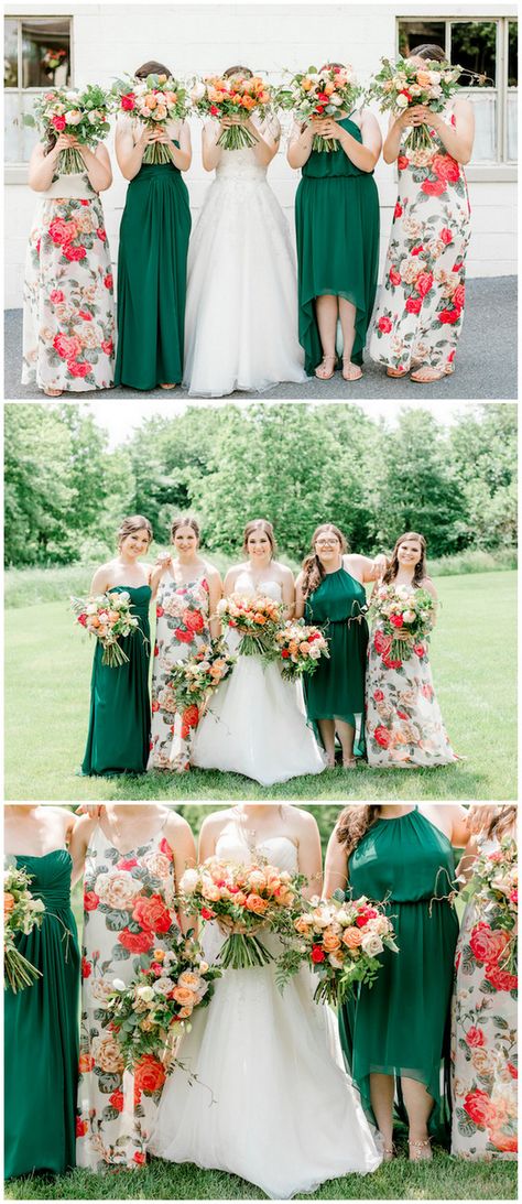 My bridesmaids gowns were cohesively mismatched. We ended up going with two girls in dark green chiffon dresses and the other two in a chiffon floral print dress. All of the dresses had different cuts so each bridesmaid felt comfortable.  Coral Mint and Rose Gold Bridesmaid dresses and bouquets: https://confettidaydreams.com/coral-mint-rose-gold-wedding-theme/  #bridesmaids #wedding #coralwedding #pinkwedding #gardenwedding #summerwedding #outdoorwedding Coral And Dark Green Wedding, Coral Green Wedding, Emerald And Coral Wedding, Emerald Green And Coral Wedding, Emerald Pink Wedding, Green Backyard Wedding, Gold Wedding Theme Color Schemes, Green And Coral Wedding, Coral And Green Wedding