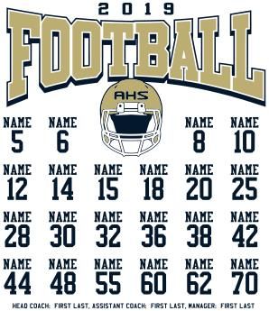 T-Shirt Design - Football Unified Roster (idea-71f1) Football Shirt Designs - Custom Football Shirts, Sweatshirts, & Hoodies Football Roster Ideas, Football Roster Shirt Ideas, Football Playoff Shirts, Football Championship Shirt Ideas, Football Playoff Shirts Ideas, Sport Shirt Design Football, Football Tshirt Designs, Peewee Football, Football Roster