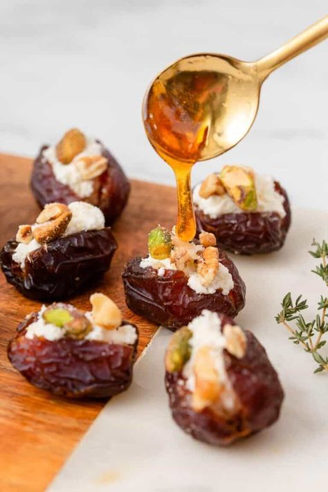 Stuffed Dates With Goat Cheese - Aleka's Get-Together Dates Goat Cheese Bacon Appetizer Recipes, Goat Cheese Toppings, Stuffed Figs With Goat Cheese, Dates Stuffed With Goat Cheese, Feta Stuffed Dates, Dates And Goat Cheese, Goat Cheese Dates, Morocco Theme, Dates With Goat Cheese