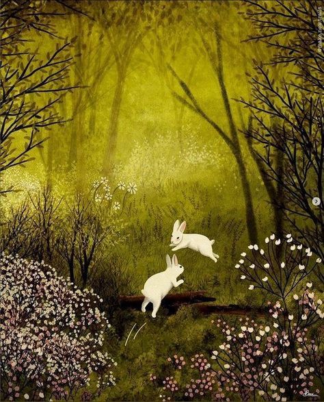 Arte Peculiar, Storybook Art, White Rabbits, Rabbit Rabbit, Trees And Flowers, Forest Illustration, Rabbit Art, Cute Paintings, Forest Painting