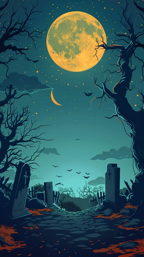 Halloween Night Background with Spooky Graveyard and Full Moon Halloween Art Design, Spooky Backgrounds Wallpapers, Spooky Halloween Backgrounds, Halloween Lock Screens, Graveyard Illustration, Halloween Design Graphic, Graveyard Background, Spooky Landscape, Spooky Backgrounds