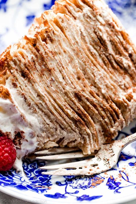 This tiramisu crepe cake features 25 crepes and 24 layers of sweet tiramisu filling made with whipped cream, mascarpone, rum, and espresso. This is a totally impressive, yet very simple no-bake cake. Recipe on sallysbakingaddiction.com Tiramisu Crepe Cake, Tiramisu Crepe Cake Recipe, Tiramisu Filling, Dessert Boards, Crepe Cake Recipe, Homemade Crepes, Sweet Whipped Cream, How To Make Crepe, Sally's Baking