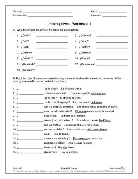 Beginner Spanish Worksheets, Spanish Question Words, 7th Grade Writing, Beginner Spanish Lessons, Spanish Questions, Question Words, Spanish Classroom Activities, Spanish Conversation, First Grade Math Worksheets