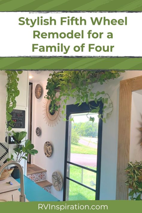 Looking for inspiration for your next RV renovation project? Look no further than this stylish fifth wheel remodel for a family of four! Whether you're a full-time RVer or just looking to upgrade your weekend getaway, this remodel is sure to inspire. Check out our blog post for all the details and start planning your own stylish fifth wheel renovation today! #fifthwheel #rvremodel #rvrenovation Rv Renovation Exterior, Fifth Wheel Remodel, Rv Newbies, Rv Models, Rv Inspiration, Front Door Trim, Rv Dreams, Fifth Wheel Campers, Rv Renovation