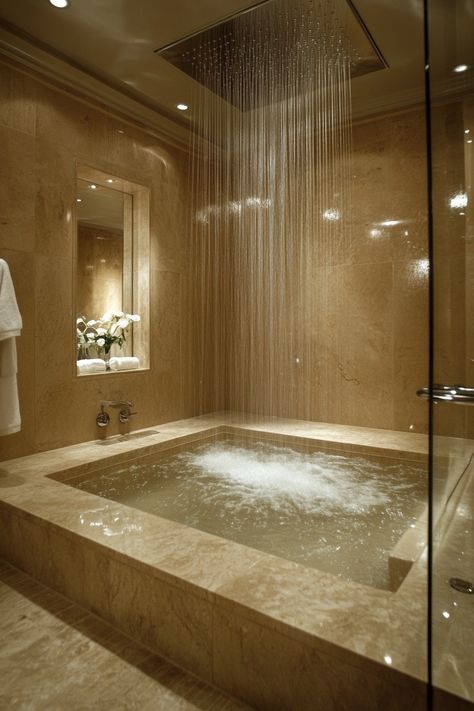 soaking-tub-shower-combo Hot Tub And Shower Combo, Large Bath Tub For Two, Corner Shower And Tub, Shower Bath Bathroom, Rain Fall Shower Ideas, Vintage Tub Shower Combo, Massive Bathtub, Dual Head Shower Master Bath, Sunken Tub Shower Combo