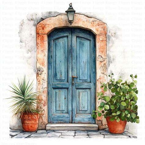 Watercolor Doors Paintings, Watercolor Doors, Watercolor Door, Door Clipart, Architecture Illustration, Art Architecture, Beautiful Doors, Coastal Art, Painted Doors