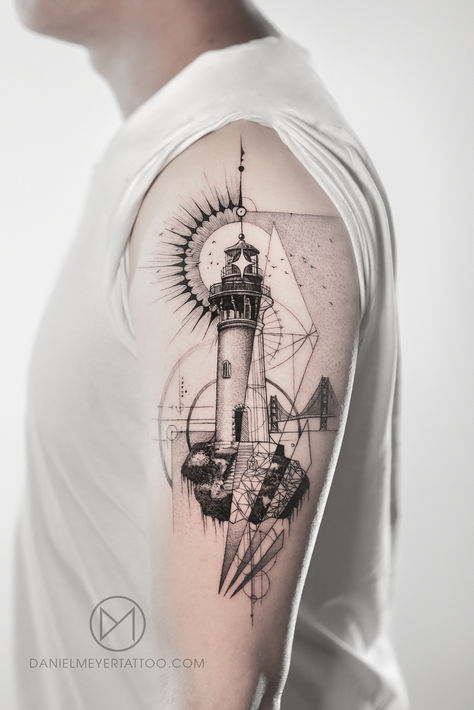 Lighthouse tattoo on Upper Arm with geometric elements and fine line Tattoo On Upper Arm, Collage Tattoo, Geometric Line Tattoo, Geometric Collage, Choose Her, Lighthouse Tattoo, Yin Yang Tattoos, Elements Tattoo, Dotwork Tattoo