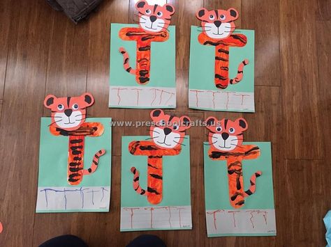 Alphabet crafts ideas for kids. Kindergarten, preschool and first grade Alphabet craft ideas. Preschool Alphabet crafts bulletin board. Alphabet crafts idea Funny Crafts For Kids, T Is For Tiger, Tiger Craft, Letter T Crafts, Letter X Crafts, Letter T Activities, Junior Kindergarten, Alphabet Crafts Preschool, Abc Crafts