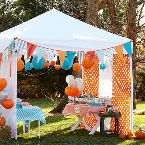 Circus Party Decorations - This is so fun!  You can customize to any color scheme or holiday.  Love the paper lanterns. Outdoor Summer Party, Outdoor Birthday Party, Circus Party Decorations, Festival Booth, Summer Party Decorations, Outdoor Birthday, Tent Decorations, Outdoor Party Decorations, Carnival Birthday