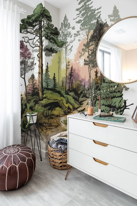 This Green Tranquil Forest Wall Mural is available as Peel and Stick or Non-pasted wallpaper mural. Free International Shipping over $30. Mural Wall Art Interiors Mountain, Bedroom Mural Tree, Wallpaper Bedroom Feature Wall Forest, Woodland Wallpaper Green Dining Room, Mural Wallpaper Nature Hovia, Fancy Wallpaper For Rooms, Peel And Stick Wallpaper Bedroom Murals, Peel And Stick Wall Paper Trees, Mural Wallpaper Backgrounds