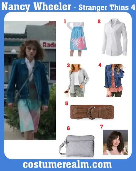 Nancy Wheeler Makeup Tutorial, Nancy Wheeler Costume Ideas, Nancy From Stranger Things Outfits, Nancy Wheeler Outfit Inspiration, Nancy Wheeler Halloween Costume, Nancy Wheeler Cosplay, Nancy Stranger Things Outfits, Nancy Wheeler Season 4 Outfits, Nancy Wheeler Costume