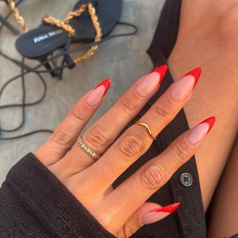 Long Almond Red French Tip Nails, Red French Tip Nails Pointy, Almond Shaped Red French Tip Nails, Red Stiletto French Tip Nails, Red Tip Stiletto Nails, Stiletto French Tip Designs, Nail Stiletto Design, Red French Stiletto Nails, Long Red French Tip Nails