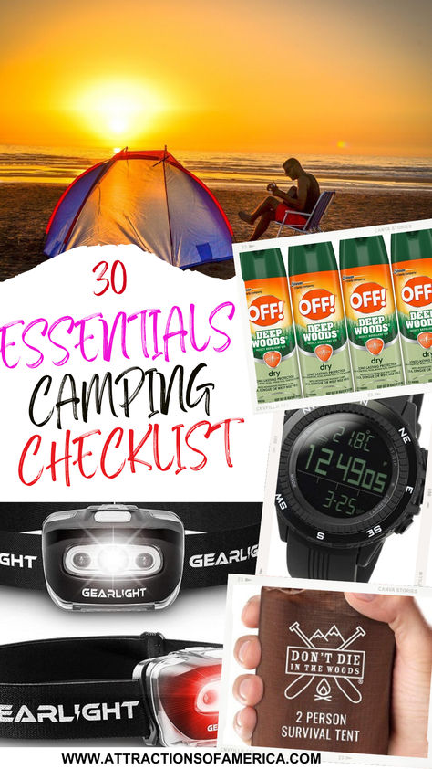 30 essentials camping checklist with image of a person sitting beside a tent and other camping gadgets. Camping Essentials For Kids, 50 States Travel, Cool Camping Gadgets, Camping Tattoo, Camping Gear List, Camping Necessities, First Time Camping, Comfortable Camping, Camping Gadgets