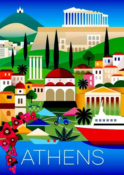 Acropolis, Parthenon, Monastiraki, Lycavitos in Athens and the nearby port of Piraeus Acropolis, Athens Greece, Vintage Travel Posters, Vintage Travel, Athens, Travel Posters, Vintage Posters, Greece, Movie Posters