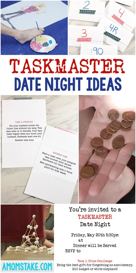 Taskmaster Date Night ideas and printable PDF Task cards for a fun group date night for couples. You'll love these fun and easy to setup challenges that include an entry task, gift challenge, art task, physical activity, and even a fun dinner making task! 26 different tasks you can mix and match and include in your fun couples date night ideas for a hilarious date night at home! Nerdy Date Night Ideas, Taskmaster Party Ideas, Taskmaster Party, Family Challenges Ideas, Task Master, Taskmaster Games At Home, Taskmaster Ideas, Diy Couple Games Date Ideas, Taskmaster Party Games