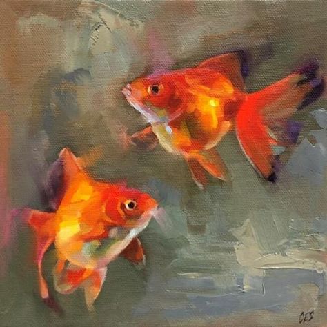 Goldfish Oil Painting, Paintings Fish, Stylized Painting, Goldfish Drawing, Fish Acrylic Painting, Artbook Design, Gold Fish Painting, Goldfish Painting, Fish Paintings