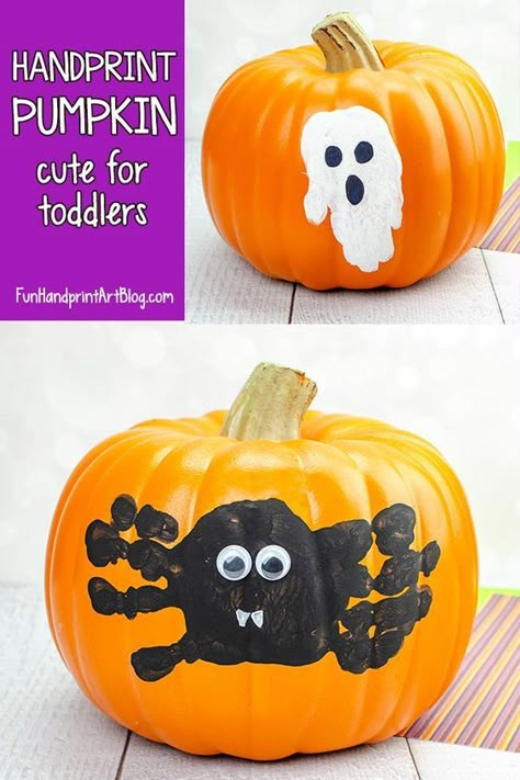 25+ Awesome Pumpkin Painting Ideas for Kids - HAPPY TODDLER PLAYTIME Pumpkin Painting Ideas For Toddlers, Toddler Pumpkin Painting, Painting Ideas For Toddlers, Handprint Pumpkin, Easy Pumpkin Decorating, Handprint Painting, Pumpkin Painting Party, Creative Pumpkin Painting, No Carve Pumpkin Decorating