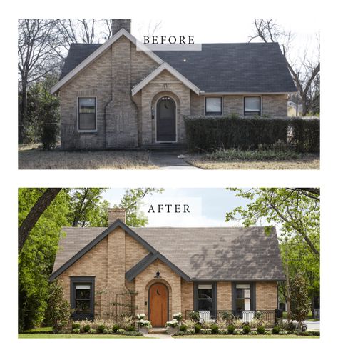 Before an After Brick Home Exterior. Fixer Upper Season 5 1940s Brick House Exterior, Pink Brick Exterior Makeover, Yellow Brick Home Exterior, 1950s Brick House, Brick Home Trim Color Ideas, Blonde Brick Ranch House Exterior, Tan Brick House With Black Trim, Yellow Brick House Exterior Makeover, Brick And Wood House Exterior