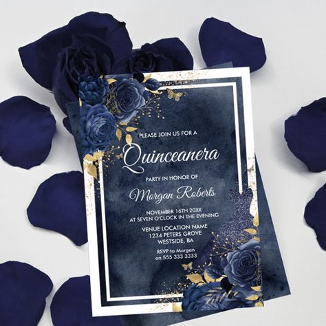 Navy Watercolor, Floral & Dress, Gold Quinceanera Invitation Navy Blue Quinceanera Ideas, Blue Quinceanera Ideas, Navy Blue Quinceanera Dresses, Blue Quinceanera Theme, Quinceanera Blue, Gold Quinceanera, Royal Blue Quinceanera, Quince Themes, Watercolor Floral Dress