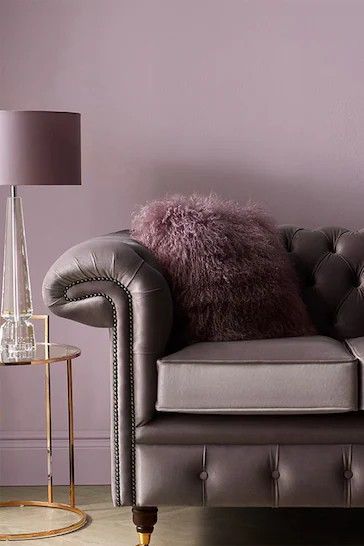 Grey And Purple Interior, Dark Purple Living Room, Valspar Blue, Work Office Ideas, Dark Brown Sofas, Queen Purple, Purple Sofa, Eggshell Paint, Color Decor