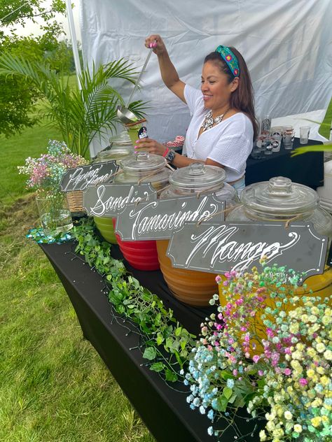 Agua Fresca Wedding Drink Dispenser, Wedding Aguas Frescas, Aguas Frescas Wedding, Wedding Taquiza, Agua Fresca Wedding, Agua Fresca Bar Wedding, Agua Fresca Bar Drink Stations, Agua Fresca Set Up, Mexican Wedding Catering