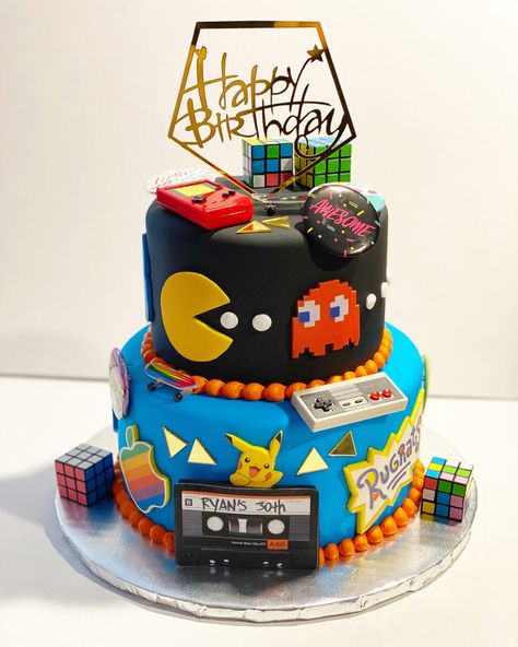 Pac Man, mix tapes, Nintendo, Game Boy, Rugrats, Pokemon, Rubiks Cube, Apple logo 80s Cake, Pac Man Cake, Man Cakes, Anna Cake, Video Game Cakes, Pokemon Video Games, Video Game Party, Eggless Cake, Birthday Cakes For Men