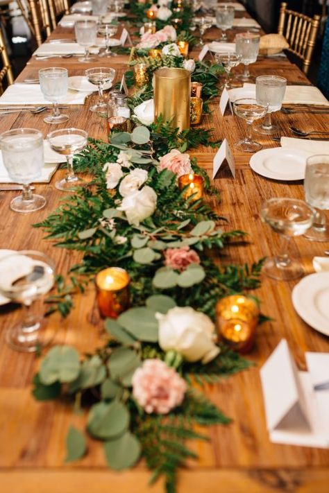 Rose Table Arrangements, Long Table Wedding Centerpieces Simple Runners, Farm Table Scape Wedding, King Table Wedding Centerpieces, Wedding Runner Table, Farmhouse Table Centerpieces Wedding, Farm Table Floral Arrangements, Farm Table With Runner Wedding, Loose Flowers On Table Wedding