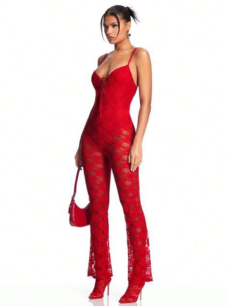 SHEIN BAE Women Red Valentine's Day Suspender Front Strap See-Through Lace Micro-Flare Sexy Long Jumpsuit | SHEIN USA Red Lace Bodysuit, Future Nostalgia, Long Jumpsuit, Body Suit Outfits, Jumpsuit Party, Long Jumpsuits, Lace Bodysuit, Red Lace, Body Suit