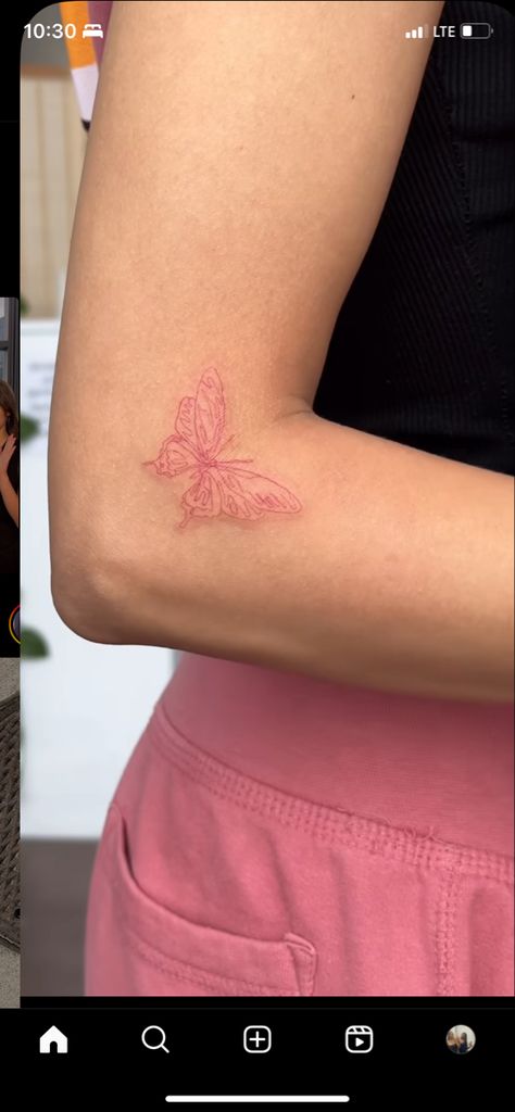 Faded Red Ink Tattoo, Red Tattoo On Pale Skin, Faded Red Tattoo, Butterfly Elbow Tattoo, Elbow Tattoo, Red Tattoo, Elbow Tattoos, Red Ink Tattoos, Red Tattoos