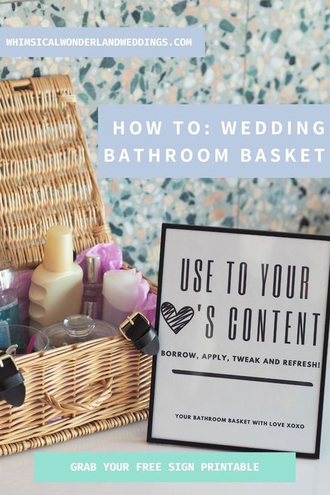 Wedding Bathroom Basket Ideas, Bathroom Basket Ideas, Simple Wedding Diy, Wedding Bathroom Basket Sign, Bathroom Basket Wedding, Wedding Bathroom, Bathroom Basket, Bride Stuff, Bathroom Basket Storage