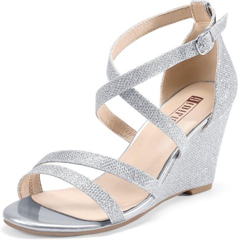 Amazon.com | IDIFU Women's 3 Inch Strappy Wedge Sandals Open Toe Dressy Wedges For Women Black Nude Silver White Bridal Wedge Heels On Wedding Evening Summer(Silver Glitter, 9 M US) | Platforms & Wedges Bridal Wedges, Dressy Wedges, Silver Wedge Sandals, Dress Shoes For Women, Blue Wedge Sandals, White Wedge Sandals, Silver Wedges, Silver High Heels, Bridal Wedding Shoes