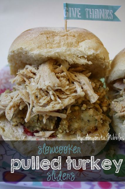 Slow Cooker Pulled Turkey Sliders from Anyonita Nibbles Pulled Turkey Recipes, Shredded Turkey Sandwiches, Pulled Turkey Sandwiches, Crockpot Lamb, Slow Cook Turkey, Sliders Recipes Turkey, Pulled Turkey, Hot Turkey Sandwiches, Friendsgiving Ideas