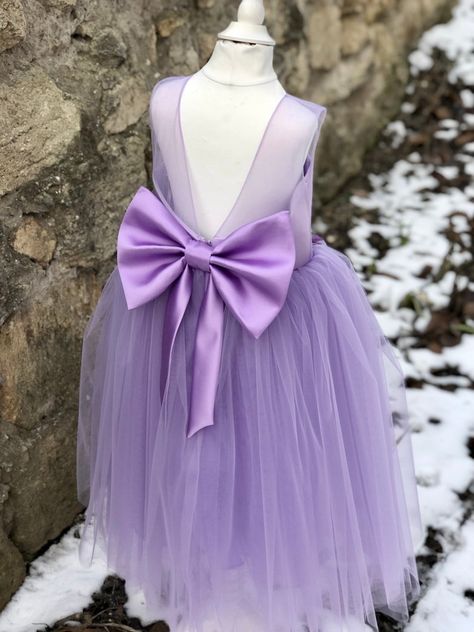 Lilac Flower Girl Dress V-neckline Back Bow Dusty Rose Pink | Etsy Flower Girl Dresses Purple, Spring Bridesmaids, Mushroom Wedding, Lilac Wedding Themes, Lavender Flower Girl Dress, Lilac Flower Girl Dresses, Purple Flower Girls, Lace Top Wedding Dress, Lilac Bridesmaid