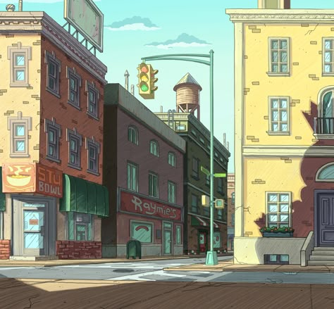 Hey Arnold! the Jungle Movie — Tom Borowski Jungle Movie, San Myshuno, Perspective Drawing Architecture, Bg Design, City Cartoon, Hey Arnold, Scenery Background, City Background, City Drawing