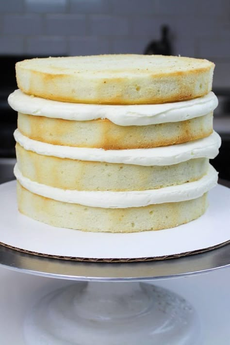 This vanilla cake recipe is made in one bowl, and is super moist! One batch makes three, eight-inch cake layers, and is frosted with vanilla buttercream. Best Vanilla Layer Cake Recipe, Bake Flat Cakes, Vanilla Layer Cake Recipe, Best Vanilla Cake, Best Vanilla Cake Recipe, 6 Inch Cake, White Cake Recipe, Layer Cake Recipes, Vanilla Buttercream Frosting