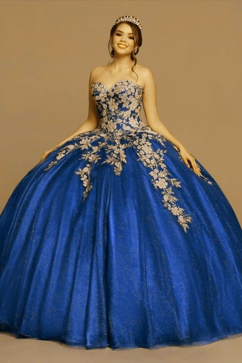 royal blue 15 dress Royal Blue Quinceanera Dresses Gold, Royal Blue And Gold Quinceanera, Gold Quince Dress, Tulle Quinceanera Dresses, 15 Birthday Dresses, Royal Blue Ball Gown, Red Quinceanera Ideas, Royal Blue Quinceanera Dresses, Royal Blue Quince