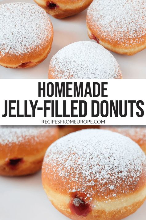 Fluffy Donut Recipe Fried, Jelly Filled Muffins, Jelly Doughnut Recipe, Best Baked Goods Recipes, Bismark Donut, Homemade Donuts Recipe Easy Fried, Jelly Filled Donuts Recipe, Cake Donuts Fried, Homemade Jelly Donuts Recipe