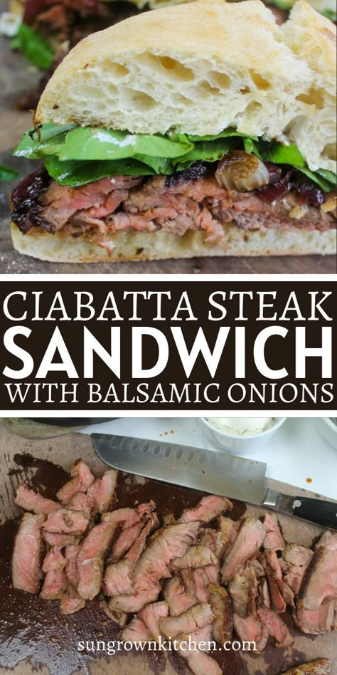 Sliced medium rare steak made into ciabatta sandwiches with balsamic onions. Shaved Steak Sandwich, Ciabatta Bread Sandwich, Arugula Sandwich, Goat Cheese Tomato, Basil Goat Cheese, Sandwich Night, Tasty Sandwiches, Cottage Recipes, Balsamic Steak