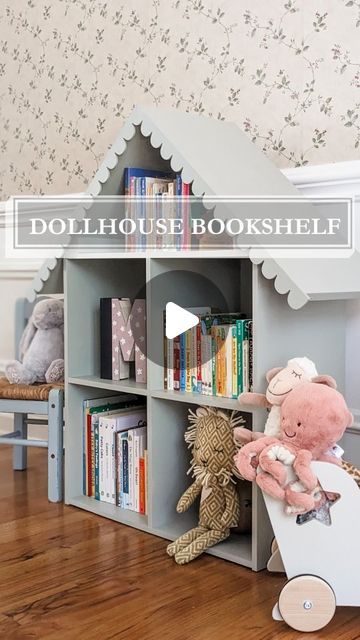 Diy House Bookshelf, Diy Bookshelf For Kids Room, Diy Doll House Bookshelf, House Shaped Bookshelf, Dollhouse Bookshelf Makeover, Diy Dollhouse Bookshelf, Ikea Bookshelf Makeover, Diy Nursery Bookshelf, Dollhouse Bookshelf Diy