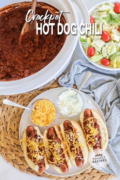 This homemade hot dog chili will make chili dogs your new favorite meal! Whether it’s for summer potlucks, birthdays, or a weeknight meal, this SUPER easy Crock Pot hot dog chili never fails. Pantry and fridge staples like ground beef, onion, ketchup, and seasonings develop a saucy, tangy chili that’s perfect over your favorite franks. After 10 minutes of prep it can cook on high quickly or for hours on low. It’s the perfect Crock Pot summer recipe and the BEST hot dog chili sauce you’ll make! Crock Pot Hot Dog Chili, Best Hot Dog Chili, Chilli Recipe Crockpot, Homemade Hot Dog Chili, Fridge Staples, Chili Dog Chili Recipe, Hotdog Chili Recipe, Easy Dinners For Kids, Hot Dog Chili Sauce