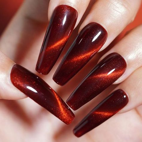 30 Stunning Cat Eye Nails To Try in (2023) - The Trend Spotter Red Cat Eye Nails Design, Cat Eye Acrylic Nails, Cats Eye Nails Design, Hot Red Nails, Red Cat Eye Nails, Red Cat Eye, Cat Eye Nails Polish, Eye Nail Art, Nagellack Trends