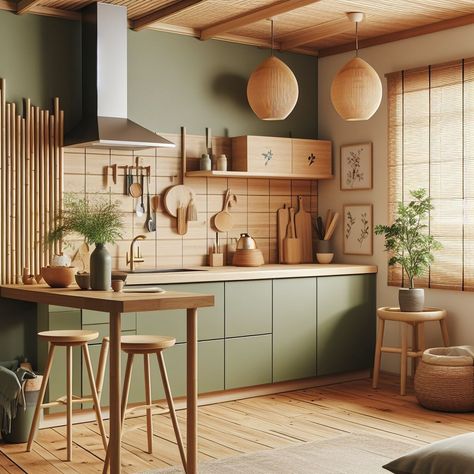 Green Scandinavian Kitchen, Wickes Kitchen Ideas, Cozy Scandinavian Kitchen, Japandi Kitchen Green, Nordic Kitchen Design, Kitchen Ideas Dark Cabinets Espresso, Urban Kitchen, Green Kitchen Cabinets, Kitchen Dining Living