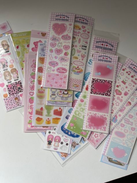 Deco Stickers Aesthetic, Sticker Book Aesthetic, Sticker Collection Aesthetic, Korean Deco Stickers, Stationary Collection, Pretty School Supplies, Diary Stickers, Diy Stationary, Stationery Obsession