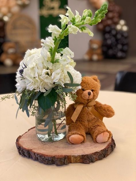 Teddy Bear Birthday Table Decor, Simple Bear Centerpieces, Teddy Bear Centerpieces Wood, Teddy Table Decorations, Cant Bearly Wait Centerpieces, We Can Bearly Wait Dessert Table Ideas, Table Centerpieces Baby Shower Boy, Table Centerpieces Gender Reveal, Teddy Bear And Flowers Centerpieces