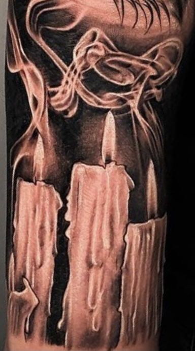 Candle Neck Tattoo, Candle Tattoo Design Realistic, Candles Tattoo Design, Candle Burning At Both Ends Tattoo, Candles Tattoo, Candelabra Tattoo, Melting Candle Tattoo, Burning Candle Tattoo, Candlestick Tattoo