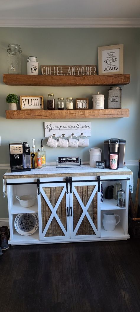 Dining Room Design With Coffee Bar, Farm Style Coffee Bar, Coffee Bar Cup Storage, Home Office With Coffee Bar, Coffee Bar Inspiration Farmhouse, Accent Wall Behind Coffee Bar, Coffee Bar Room Ideas, Rustic Coffee Bar Ideas Farmhouse Style, Coffee And Espresso Bar