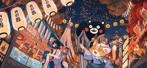 Japan Summer Festival Illustration, Japanese Festival Illustration, Japanese Festival Anime, Festival Concept Art, Event Campaign, Lineart Illustration, Matsuri Festival, Street Festival, Japanese Festival